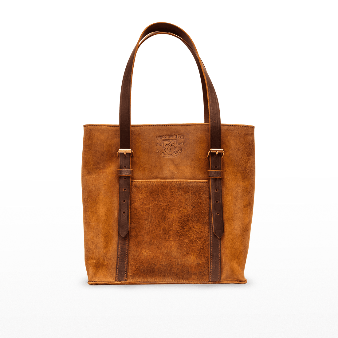 A front view of the Woodman’s Pal Leather Tote Carrier with its handles extended to show its full size. 