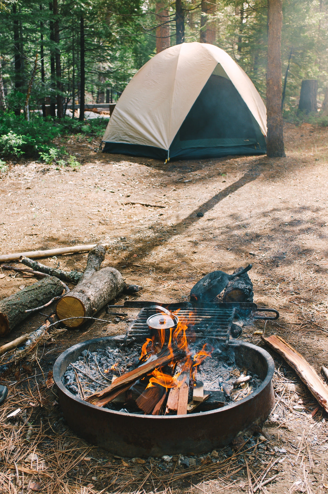 A sunlit forest campsite with a dome tent in the background and a fire ring in the foreground, with flames under a grill grate and cut logs nearby.