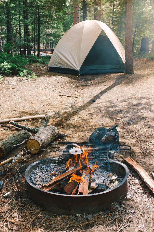 A sunlit forest campsite with a dome tent in the background and a fire ring in the foreground, with flames under a grill grate and cut logs nearby.
