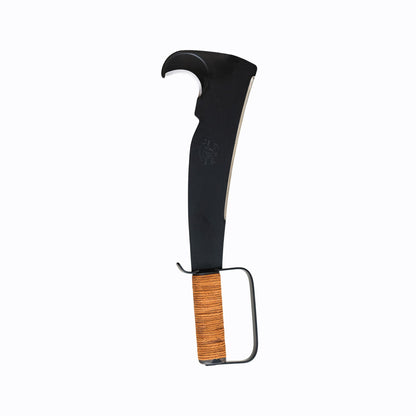 Studio side profile of the leather-handle Woodman's Pal with knuckle guard and sickle hook