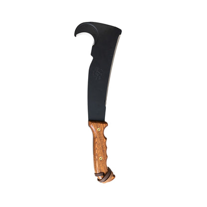 Studio side profile of the wood-handle Woodman's Pal with finger-groove ash handle and sickle hook