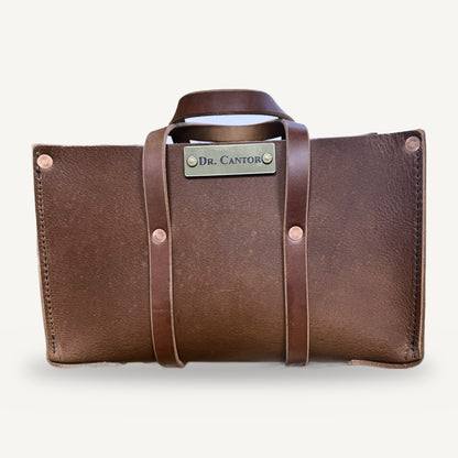 Example of optional engraved brass name plate on Woodman's Pal leather tool bag (1 of 3)