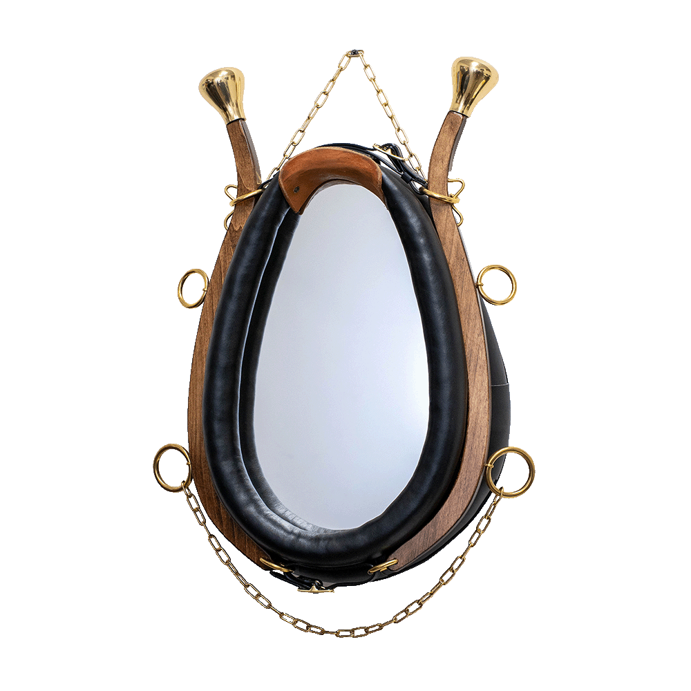 Amish handmade horse collar mirror with black leather, walnut wood frame, and polished brass hardware on white background