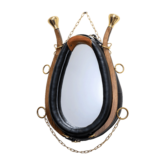 Amish handmade horse collar mirror with black leather, walnut wood frame, and polished brass hardware on white background