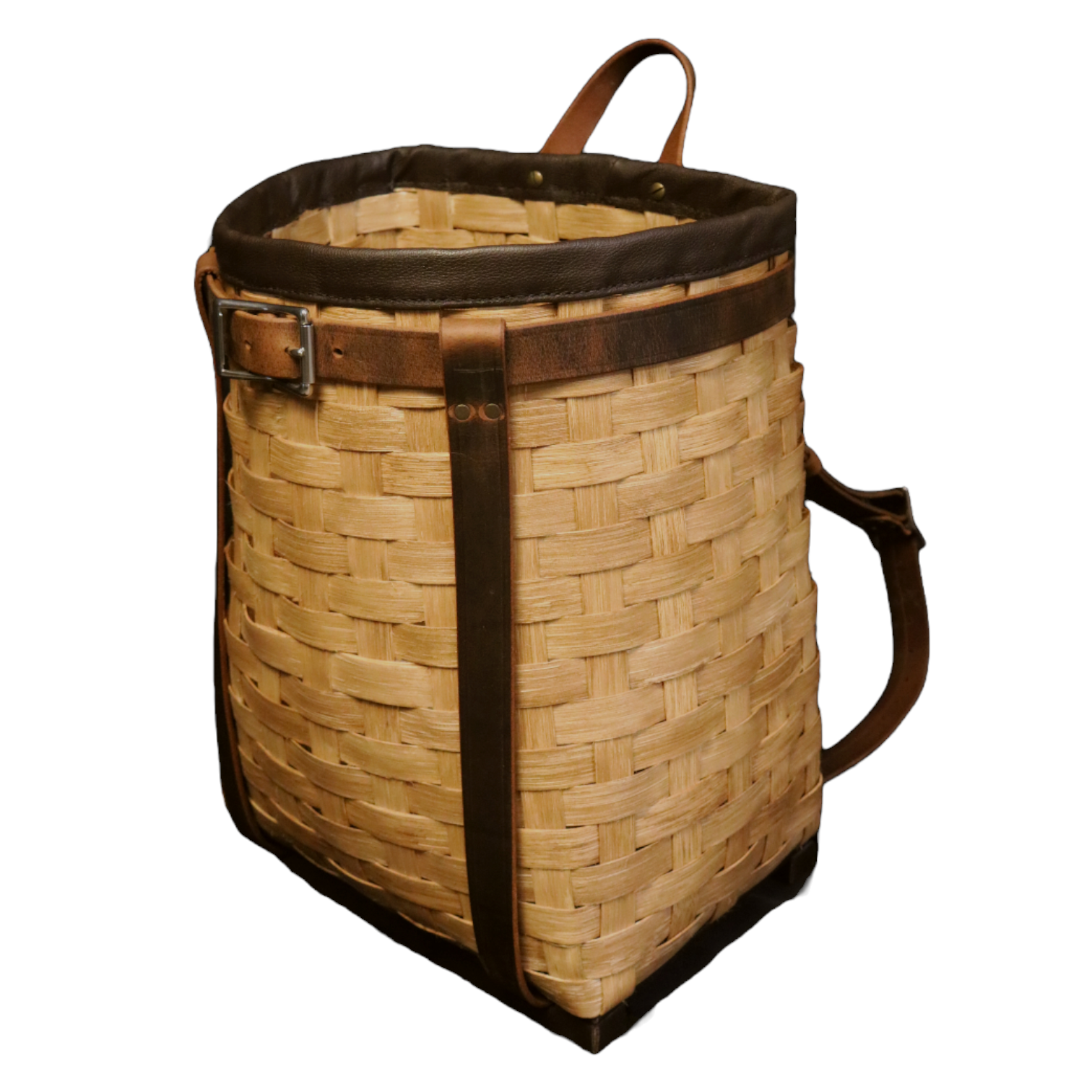Adirondack Pack Basket Handwoven Reed with Leather Straps and Silver Buckles